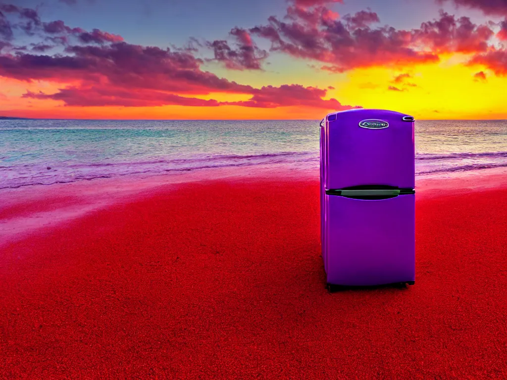 Image similar to purple refrigerator, red sand beach, green ocean, nebula sunset