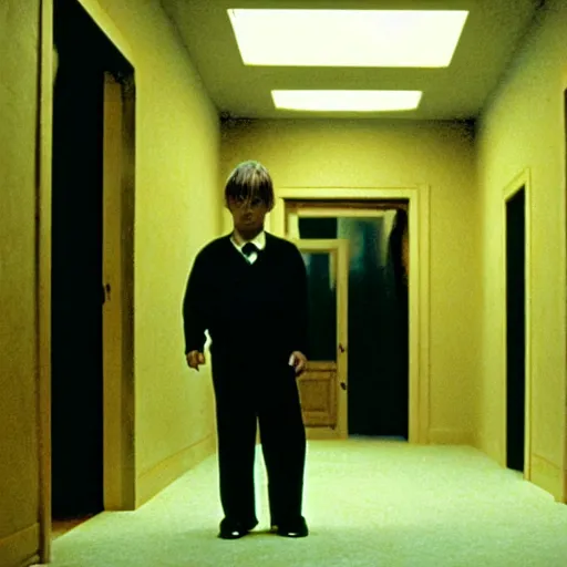 Image similar to movie scene of a shining boy, menacing, movie still, cinematic composition, cinematic light, criterion collection, reimagined by industrial light and magic, Movie by David Lynch and Ridley Scott