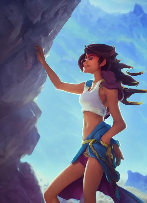 Image similar to joyful taliyah, from league of legends, au naturel, with abs, rock climbing, hyper detailed, mountain background, digital art, trending in artstation, cinematic lighting, studio quality, smooth render, unreal engine 5 rendered, octane rendered, art style by klimt and nixeu and ian sprigger and wlop and krenz cushart