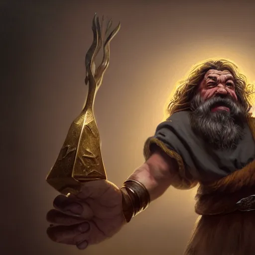 Prompt: portrait of a dwarf showing off the humongous, giant raw, unrefined gold nugget with organically sculpted lines, realistic, beautiful, fantasy art, dnd, lord of the rings, mid - shot, moody lighting, by greg rutkowski, wlop, artgerm, concept art, sharp focus, ray tracing