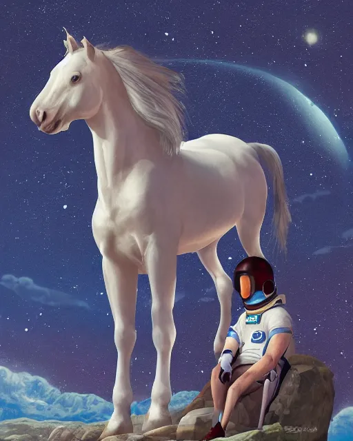 Prompt: lying horse sitting on top of astronaut, artstation