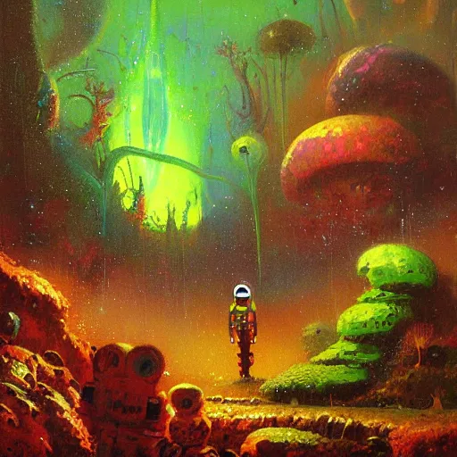 Image similar to a painting of an astronaut in a futuristic enchanted forest by paul lehr