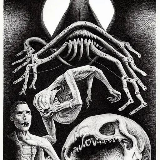 Image similar to high quality rendition of a horrifying man eater by m. c escher, m night shamalan, steven king and h. p. lovecraft. this will keep me up at night.