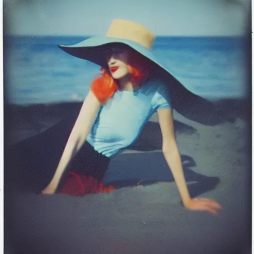 Prompt: vintage polaroid of an attractive woman with a large hat at the beach, warm azure tones, red color bleed, film grain