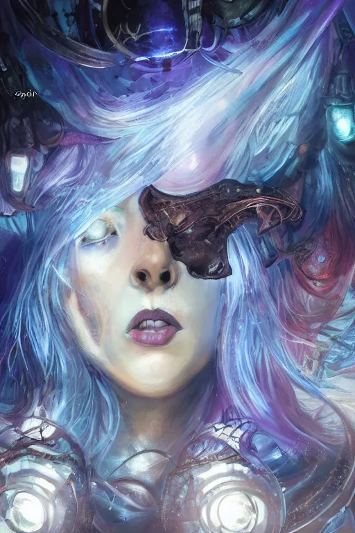 Image similar to Path of Exile, Maven, clear face, blue eyes, female image with silver purple hair among colourful lights, dark blue spheres fly around, Anachronism, painting, dark fantasy, steampunk, gothic, 4k, perfect quality,
