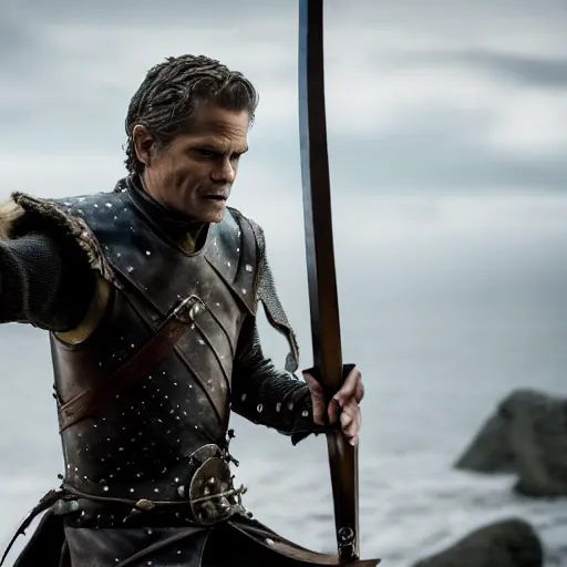 Prompt: action 7 0 mm medieval fantasy half length action photo from game of thrones of timothy olyphant as a dueling swashbuckler with a sword, photo by philip - daniel ducasse and yasuhiro wakabayashi and jody rogac and roger deakins