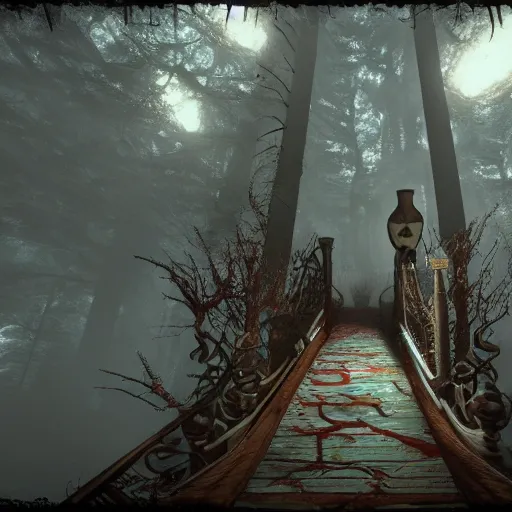 Image similar to realistic artnouveau style american mcgee's alice madness returns layers of fear style in a foggy twisted forestsharp focus very detailed 8 k cinematic