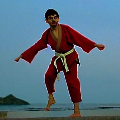 Image similar to mr. bean as the karate kid. movie still. cinematic lighting.