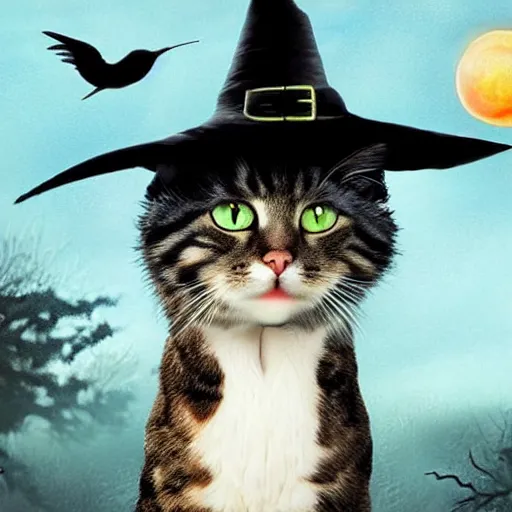 Prompt: beautiful artistic work of art realistic cinematic masterpiece where a cat comes out with a witch hat