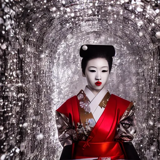 Image similar to portrait of a geisha dressed in metallic clothes, in a ice castle, with cherry blossom flowers around her, award winning photography