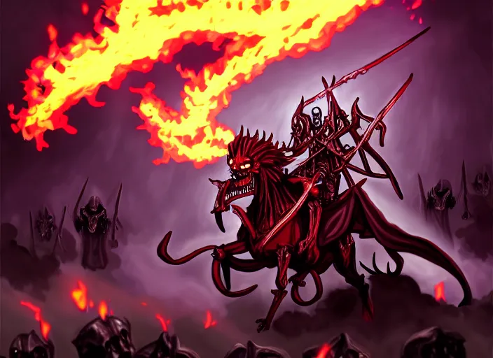 Image similar to ainz ooal gown leading the undead army to battle riding a flaming skeleton horse, art by so - bin