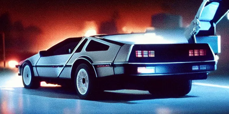 Image similar to photoreal Cinematography of the Delorean from back to the future shot on film by Dean Cundey at night in the style of the 1985 film Back To The Future Photorealisticly