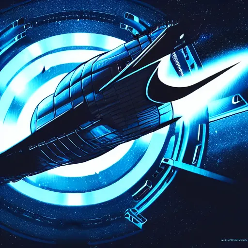 Image similar to sci - fi detailed spaceship in the form of nike logo, space, hyper detailed, photo realistic, cinematic