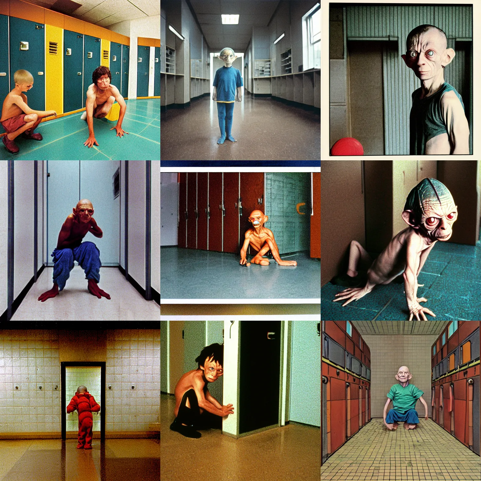 Prompt: A long-shot , color school photograph portrait of Gollum in the locker room, tiled floor, summer, day lighting, 1990 photo from photograph Magazine.