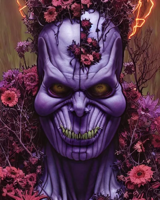 Image similar to the platonic ideal of flowers of cletus kasady ultimate carnage thanos dementor doctor manhattan chtulu nazgul, detailed, intricate, hyperrealism, intense, scary, decay, dmt, art by brock hofer and artgerm and greg rutkowski and alphonse mucha