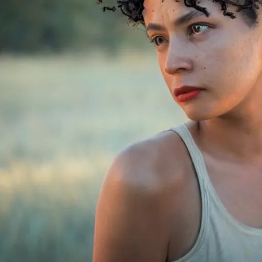 Image similar to beautiful close - up shot of angela saraphian as clementine in westwold who looks into the distance, beautiful natural light, golden hour, focus on her face, photorealistic, fujifilm x - pro 2, by annie leibowitz