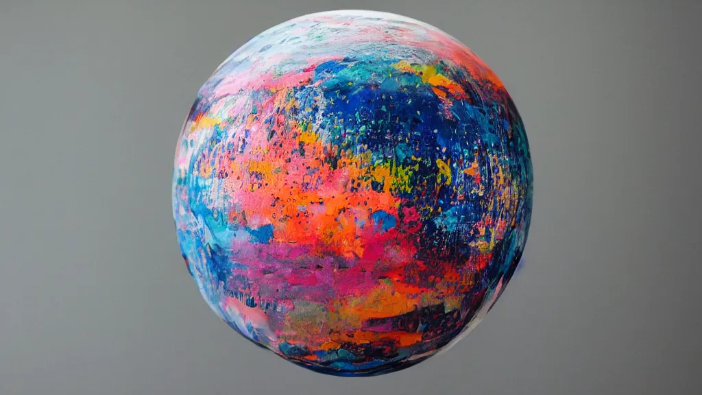 Prompt: a hovering sphere with layers of wet paint dripping off the sides