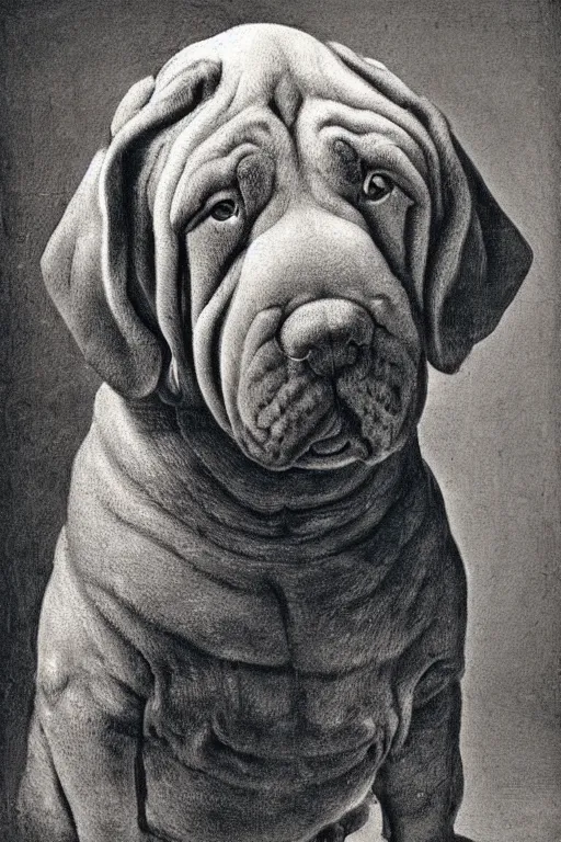 Prompt: portrait of a shar pei dog by rembrandt. the dog is very happy.