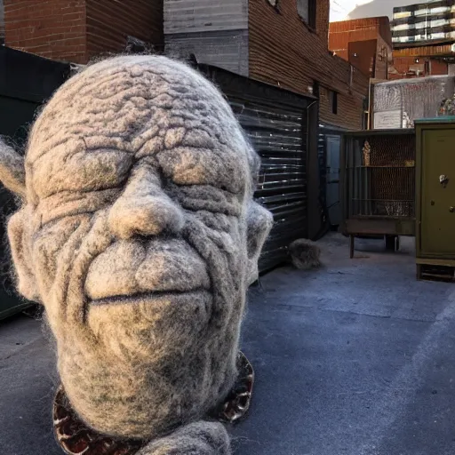 Prompt: photo of a larger than life sized needle - felted 2 0 0 year old wrinkly man covered in warts and skin tags sitting behind a needle felted dumpster in a needle felted alley way with low light and dark shadows