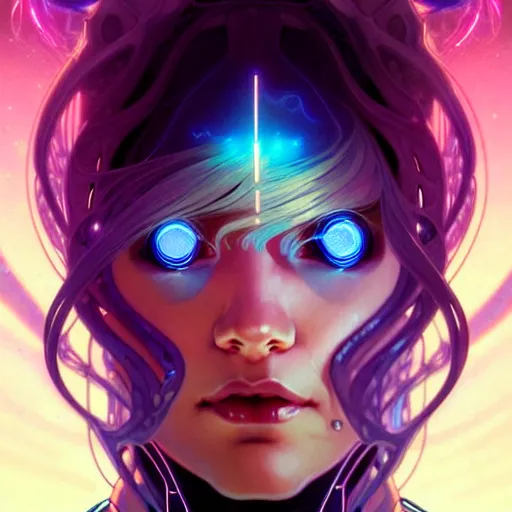 Prompt: cyborg, female, fantasy, bioluminiscence, flowing hair, portrait, highly detailed, digital painting, beautiful eyes, symmetry, concept art, sharp focus, illustration, art by artgerm and greg rutkowski and magali villeneuve and ilya kuvshinov! : : alphonse mucha : : - 0. 2