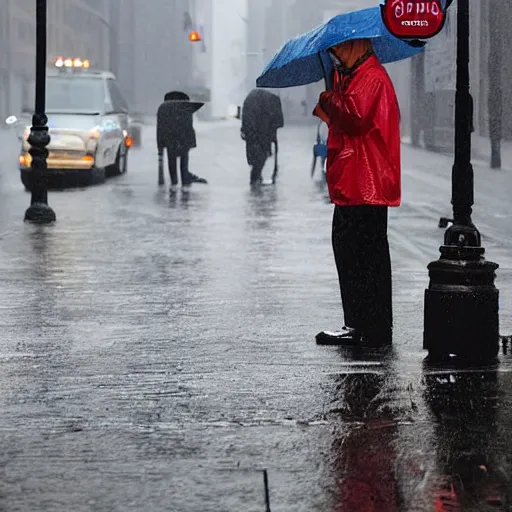 Image similar to closeup portrait of a man fishing in a rainy new york street, photography, time magazine
