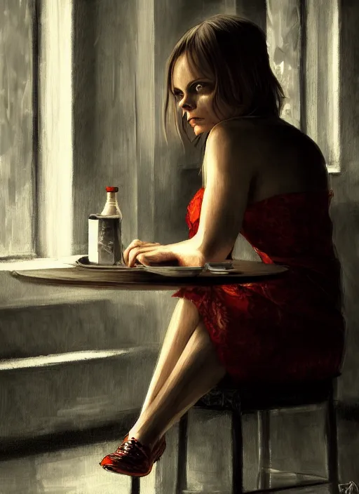 Image similar to christina ricci sitting in the cafeteria, backround dark, highly detailed, digital illustration, trending in artstation, modern painting, smooth, sharp focus, intricate, einar jonsson, ilya repin