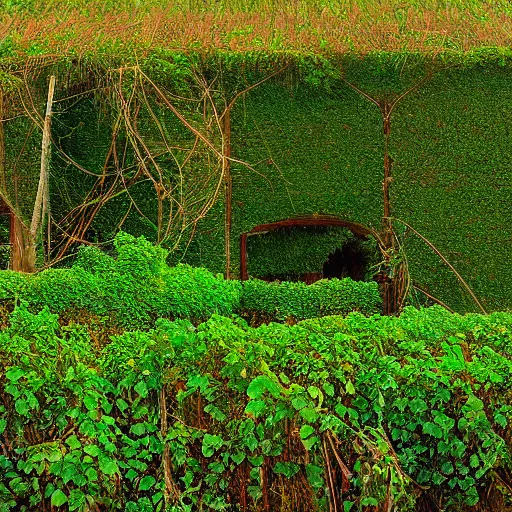 Prompt: kudzu vines wrapping around an old farmhouse, American west, surrealism