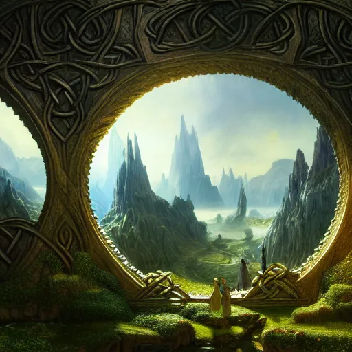 Prompt: a beautiful and highly detailed matte painting of a carved elven portal a land with no gravity, celtic knots, epic scale, insanely complex, hyperdetailed, sharp focus, hyperrealism, artstation, cgsociety, 8 k, by caspar friedrich, albert bierstadt, james gurney, brian froud,