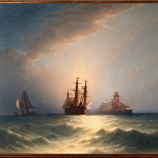 Image similar to clouds made out of the universe with luminous skies and a ship sailing in the distance, fitz Henry lane, painting, detailed