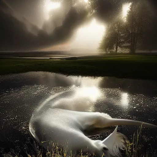 Prompt: amazing white unicorn photo drinking water from a lake while the moon shines on its beautiful fur by marc adamus, beautiful dramatic lighting