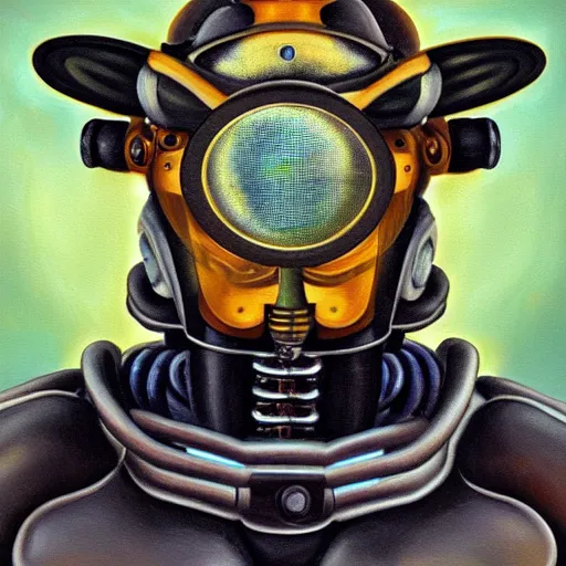 Image similar to a realistic oil painting of a bee as a cybernetic cyborg, surrealism portrait, surrealism album cover