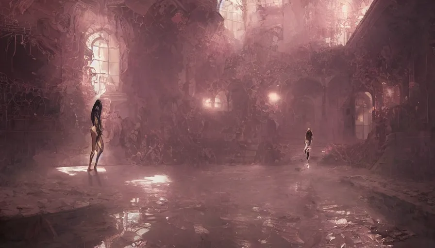 Image similar to victoria secret runway show, light, shadows, reflections, flowers, epic composition, intricate, elegant, volumetric lighting, digital painting, highly detailed, artstation, sharp focus, illustration, concept art, ruan jia, steve mccurry, james jean, peter andrew jones, greg rutkowski, raymond swanland, concept art, iconic