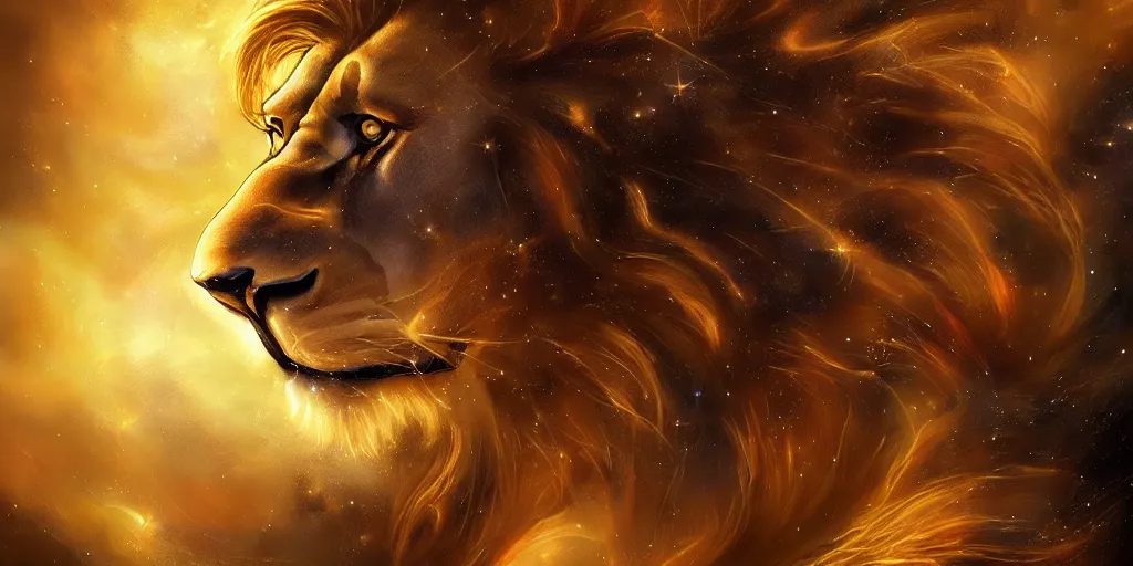 Image similar to great cosmic lion basked in dark matter in space, concept art, digital illustration, trending on artstation, deviantart, artgerm, epic composition, masterpiece, highly detailed, advanced technique, ambient lighting, wlop, ross draws
