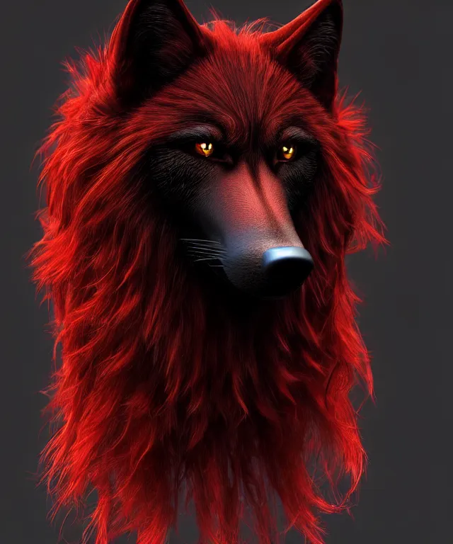 Prompt: award winning portrait of a anthropomorphic black male wolf long red hair. artstation, artistic lighting, highly detailed, photorealistic, fantasy