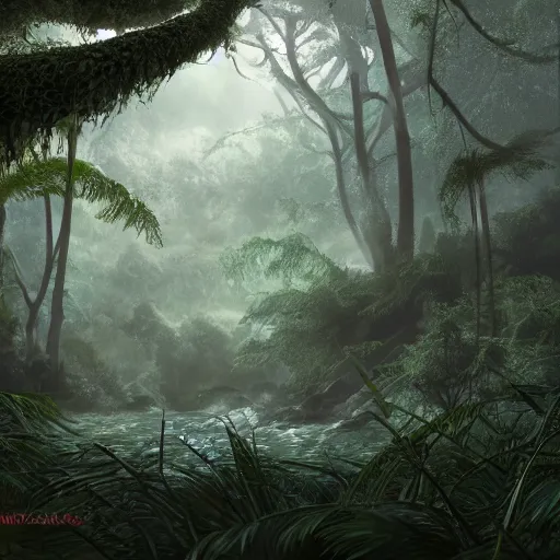 Image similar to Wild misty jungles, 8k, detailed, concept art, trending on artstation