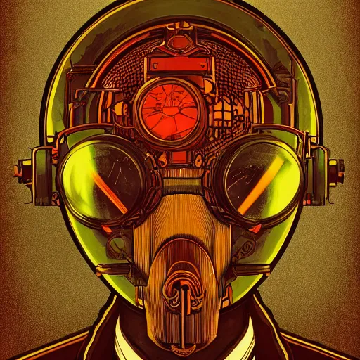 Image similar to a dieselpunk school photo in the style of moebius ; steampunk, jean giraud, illustration, drawing, painting, face, green, yellow, red, muted, clean lines, centered face, symmetric, digital art, detailed, artstation, deviantart, hd, 8 k, 4 k