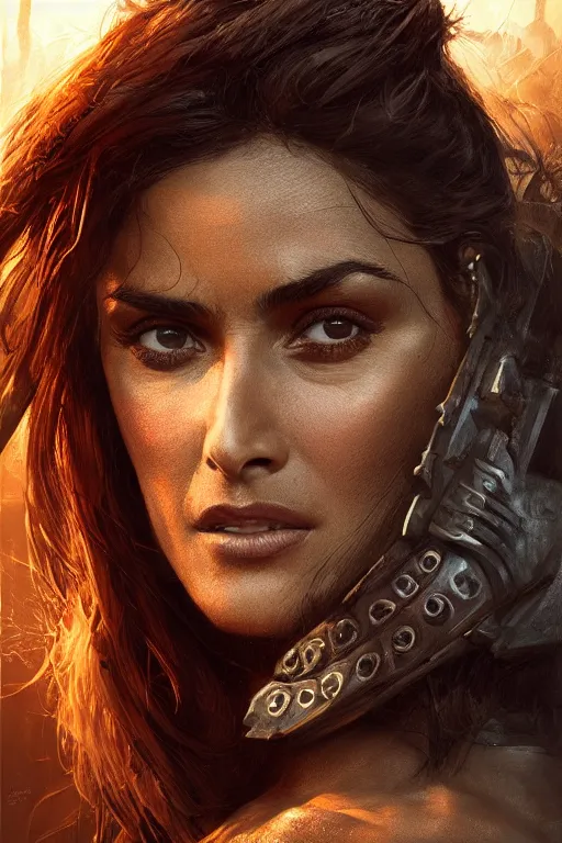 Image similar to portrait, toned Salma Hayek , barbarian , face portrait, raphael lacoste, eddie mendoza, alex ross, concept art, matte painting, highly detailed, rule of thirds, dynamic lighting, cinematic, detailed, denoised, centerd