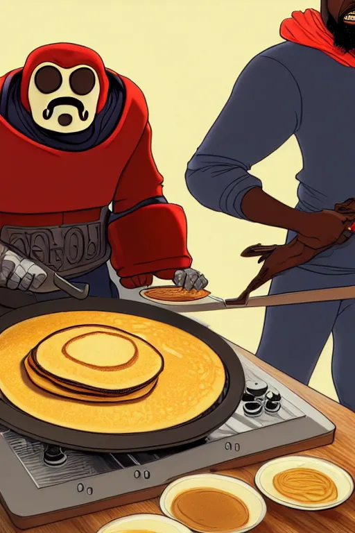 Image similar to professional photographic shoot mf doom making pancakes, animation pixar style, by pendleton ward, magali villeneuve, artgerm, rob rey and kentaro miura style, golden ratio, trending on art station