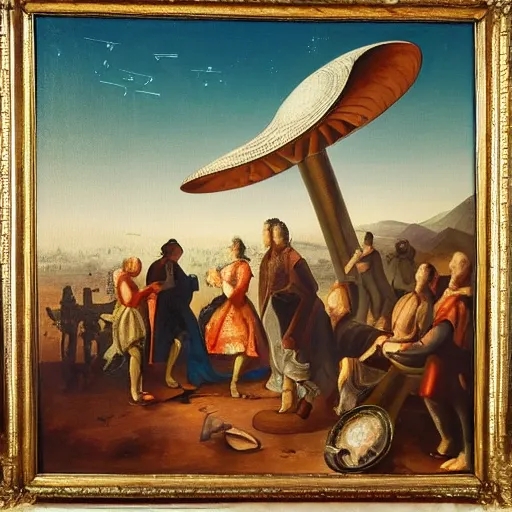 Prompt: ranaissance painting depicting people talking with aliens