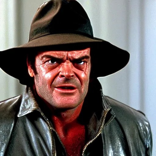 Prompt: Jack Nicholson plays Terminator, epic scene where his inner endoskeleton gets exposed