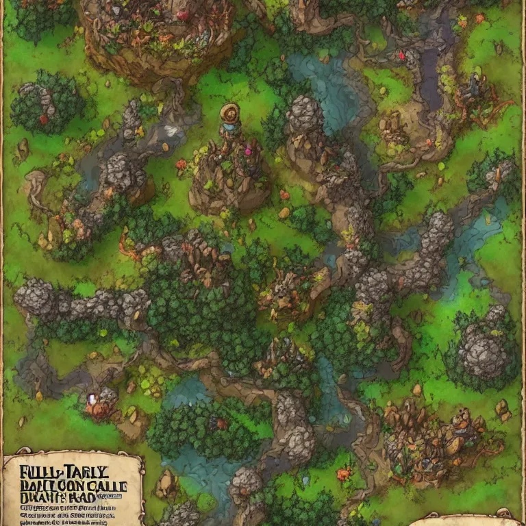 Prompt: full - color fantasy battle map of a woodland clearing, made with dungeon designer, made with dungeondraft, d & d, pathfinder, by jeff todd and greg rutkowski, trending on artstation, pinterest