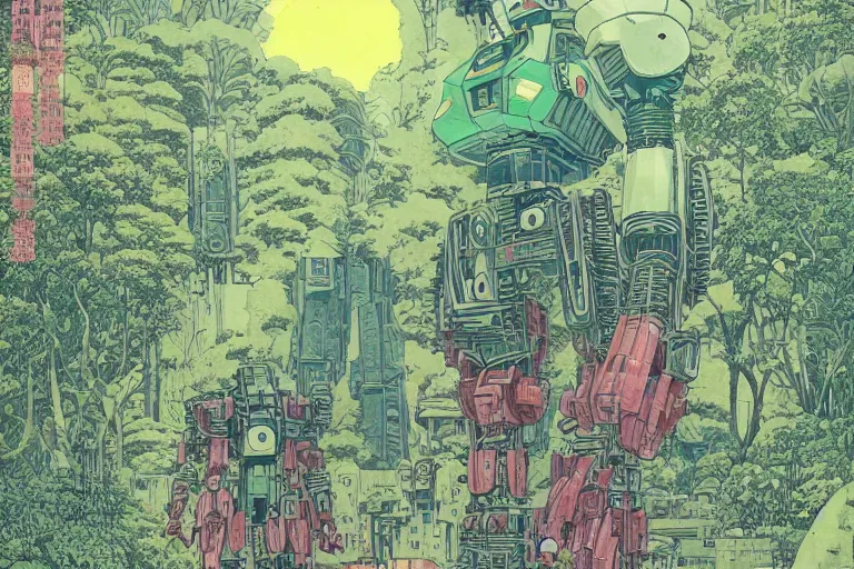 Prompt: most greens, gigantic man head, a lot of exotic vegetation around, trees, tremendous mecha robot, flowers, risograph!, oldschool vintage sci - fi flat surreal design, super - detailed, 2 d gouache painting by moebius and satoshi kon, hd, 4 k, high quality