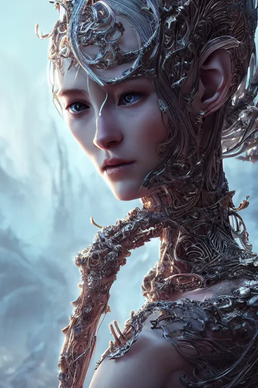 Image similar to beautiful biomechanical impish elven incredible hair, masterpiece crystalline incrustations, hyperdetailed face, elegant pose, movie still, intricate, octane render, cinematic lighting, cgsociety, unreal engine,