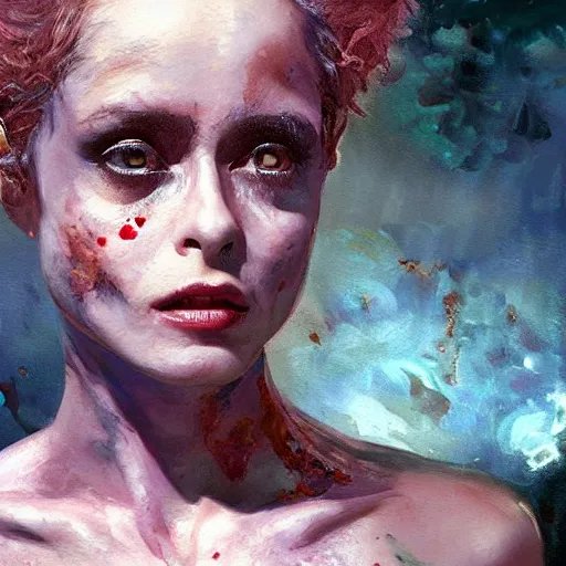 Image similar to impressionist oil painting, alien dark fae girlboss based on helena bonham carter mixed with sigourney weaver, bumpy mottled skin, big black feathered wings instead of arms, body horror, by yoshitaka amano, by greg rutkowski, by jeremy tv lipkinng, by artgerm, digital art, octane render