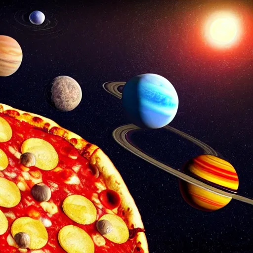 Image similar to the entire beautiful solar system with pizza instead of planets, artstation, hyperrealistic, digital art, octane render, cinematic lightning, Nvidia omniverse, unreal engine 5, highly detailed, vivid colors