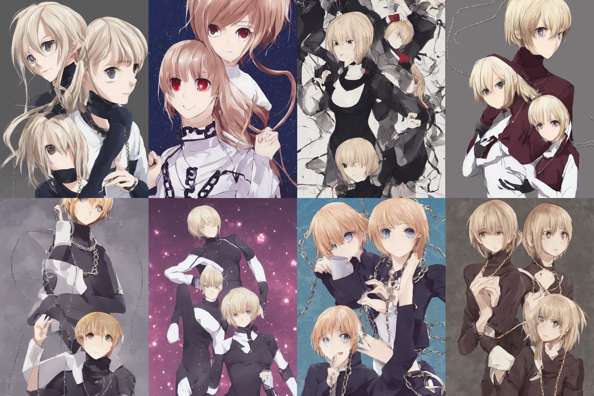 Image similar to beautiful girl with red eyes, short blonde hair, ahoge hair, wearing a white turtleneck sweater, wearing a detailed chain-link necklace, arcueid, in the style of type-moon studios, extremely clean lines, anime and manga style