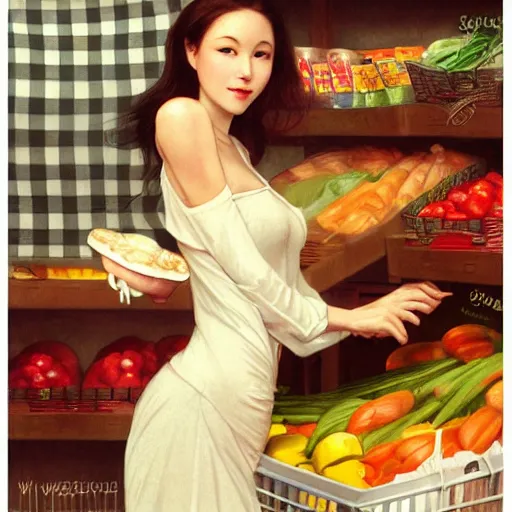 Image similar to buying groceries, by wlop, artgerm, elvgren, mucha