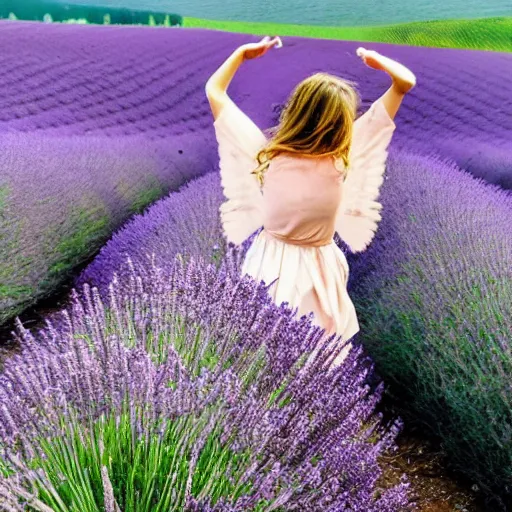 Prompt: heidi flying over a field of lavender wearing butterfly wings