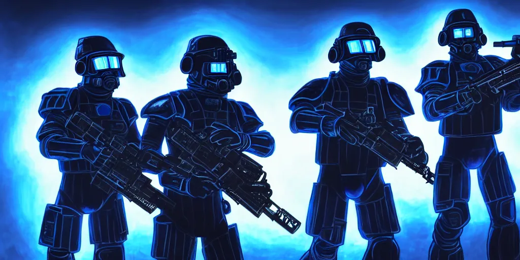 Prompt: A very detailed sketch of two soldiers with blue laser rifles wearing black power armour with blue sprites and full helmets with blue visors, night, fog, a complicated chrome-plated spaceship with blue lights in the background, realistic 4k octane beautifully detailed render, 4k post-processing, highly detailed, intricate complexity, epic composition, magical atmosphere, cinematic lighting, masterpiece, ultra hd