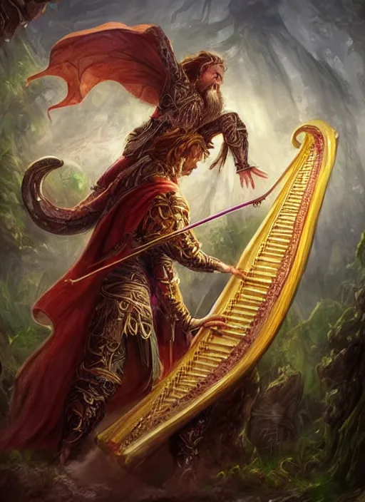 Image similar to bard playing the harp, ultra detailed fantasy, dndbeyond, bright, colourful, realistic, dnd character portrait, full body, pathfinder, pinterest, art by ralph horsley, dnd, rpg, lotr game design fanart by concept art, behance hd, artstation, deviantart, hdr render in unreal engine 5